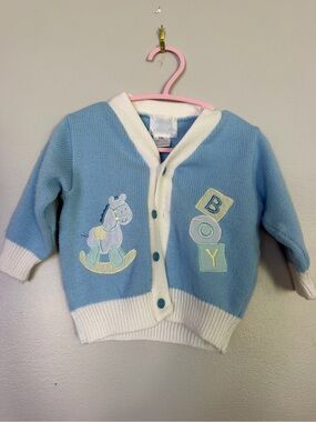 Vintage Blue Knit Baby Cardigan with Rocking Horse & BOY Appliques